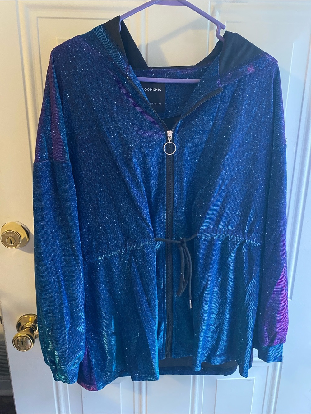BloomChic Iridescent Blue Purple Hooded Zip Bomber Jacket
